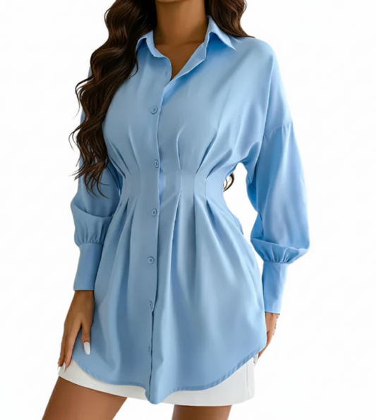 Trendy Long Sleeve Slim Waist Lapel Collar Long SHIRT-BL1001