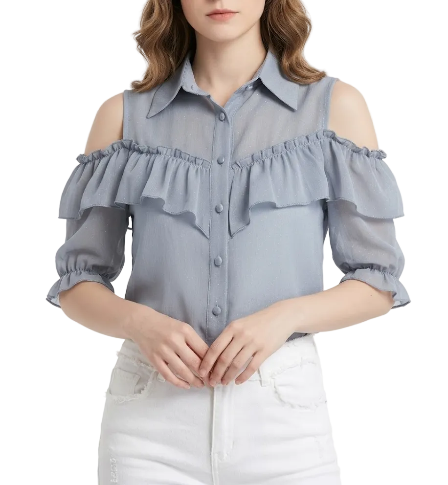 Trendy Off Shoulder Puff Short Sleeve Ruffled Blouse for Women - B1-TOP-BL403