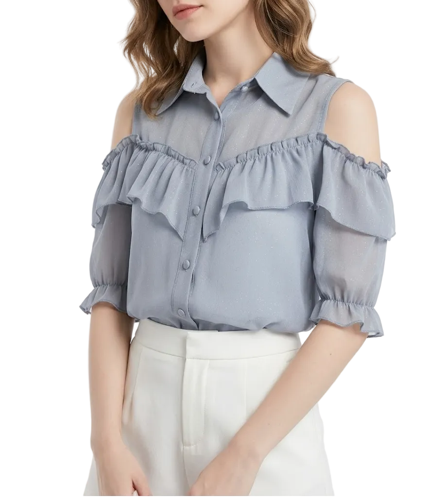 Trendy Off Shoulder Puff Short Sleeve Ruffled Blouse for Women - B1-TOP-BL403