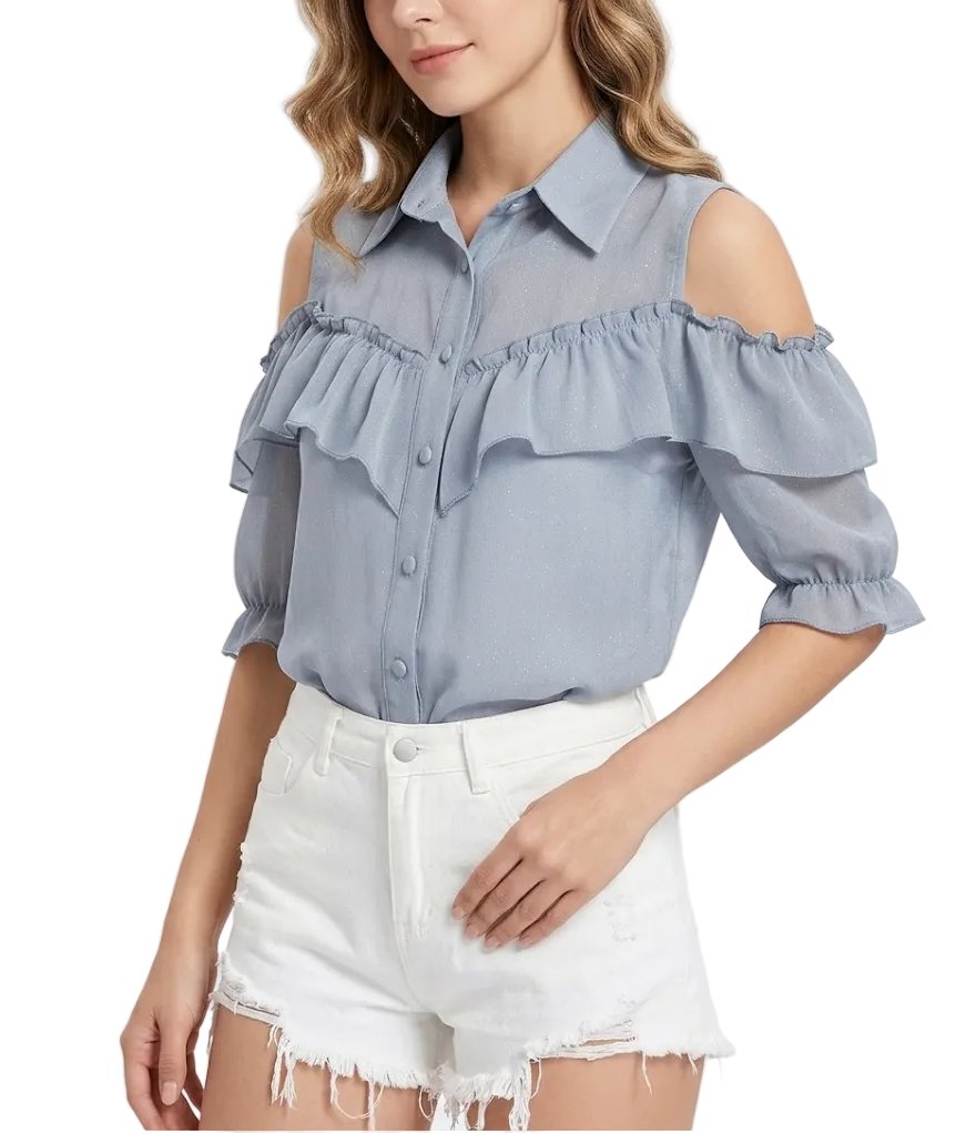 Trendy Off Shoulder Puff Short Sleeve Ruffled Blouse for Women - B1-TOP-BL403