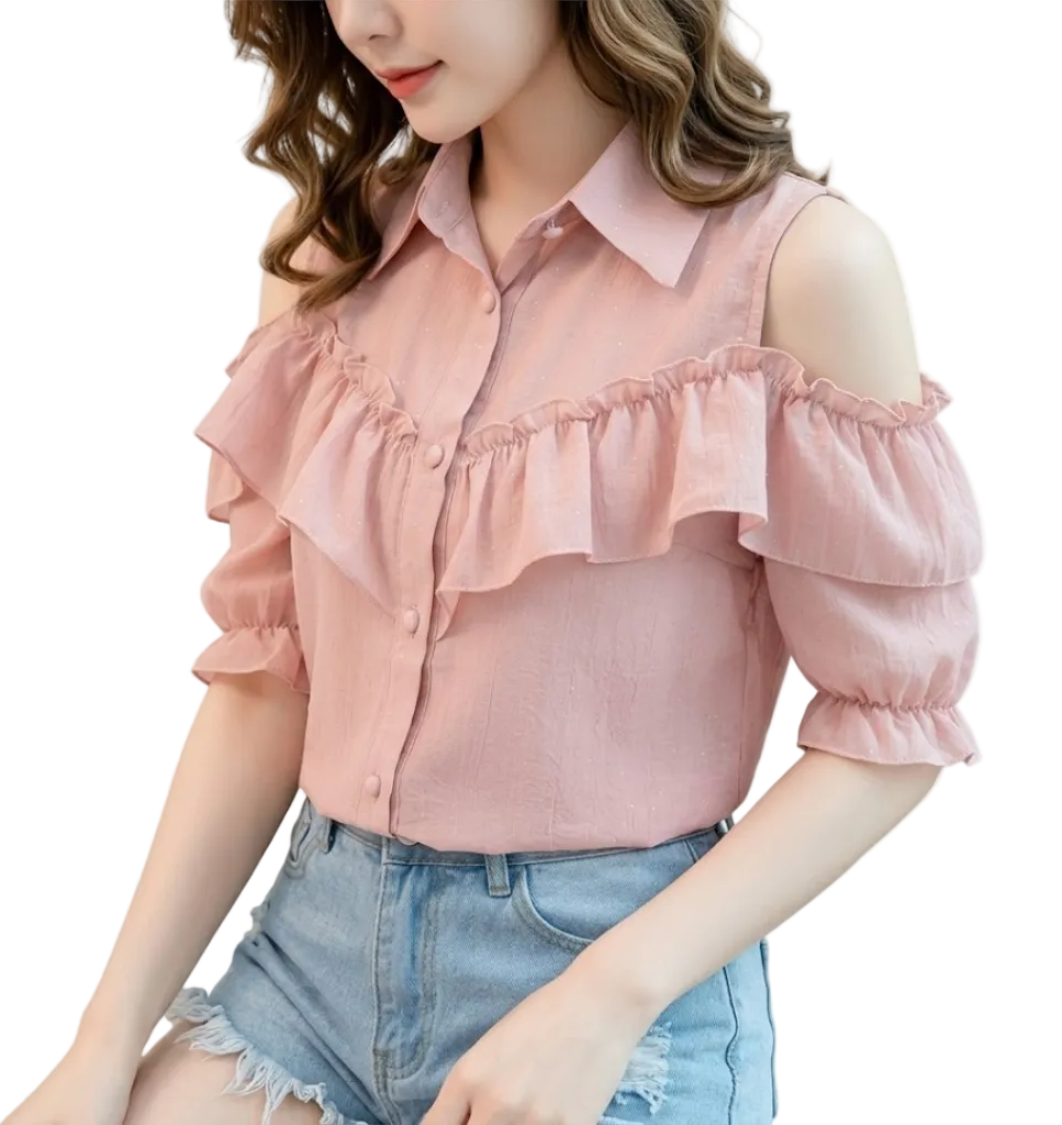 Trendy Off Shoulder Puff Short Sleeve Ruffled Blouse for Women - B1-TOP-BL403