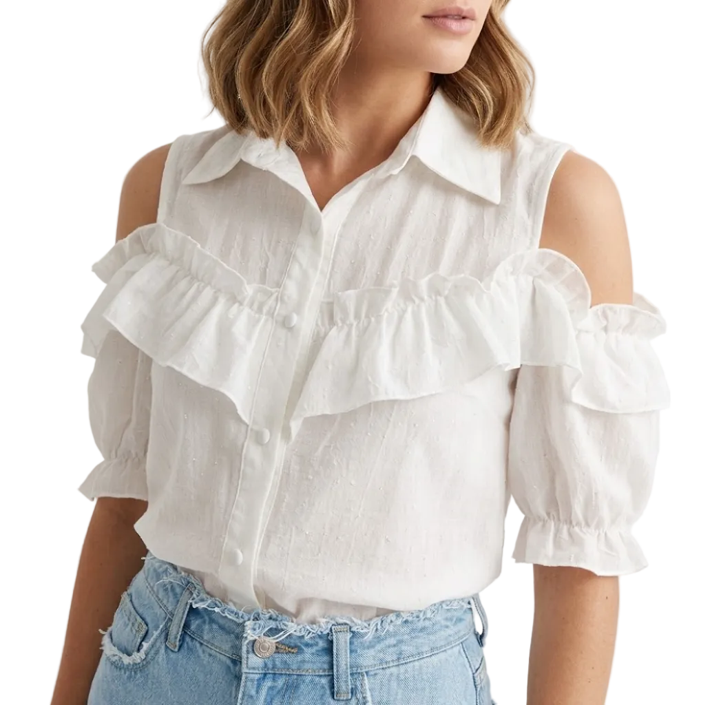Trendy Off Shoulder Puff Short Sleeve Ruffled Blouse for Women - B1-TOP-BL403