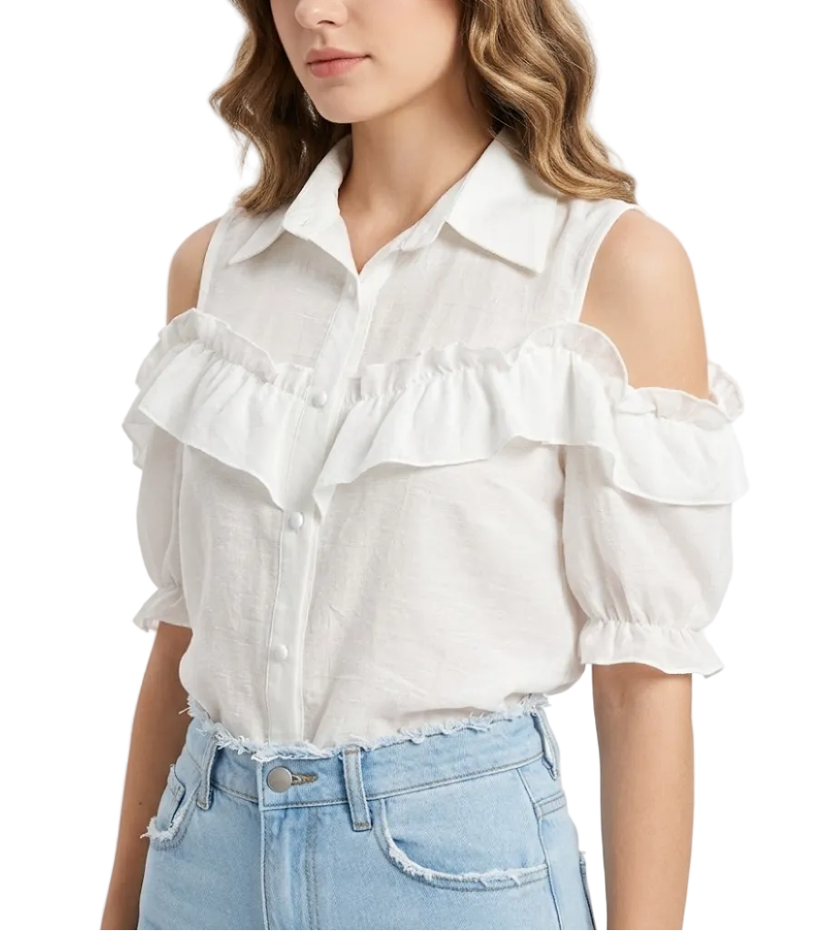 Trendy Off Shoulder Puff Short Sleeve Ruffled Blouse for Women - B1-TOP-BL403