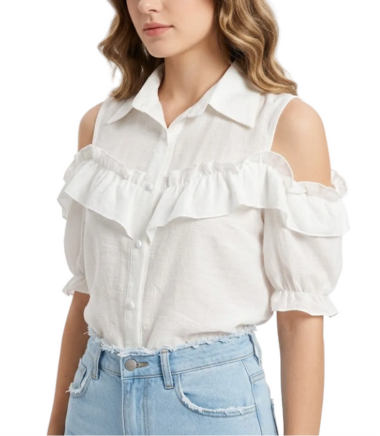 Trendy Off Shoulder Puff Short Sleeve Ruffled Blouse for Women - B1-TOP-BL403