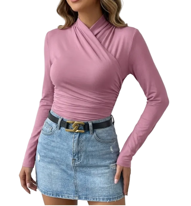 Trendy Pleated Crossing Collar Long Sleeve Slim-fit Woman's Shirt TOP-B1-BL-234