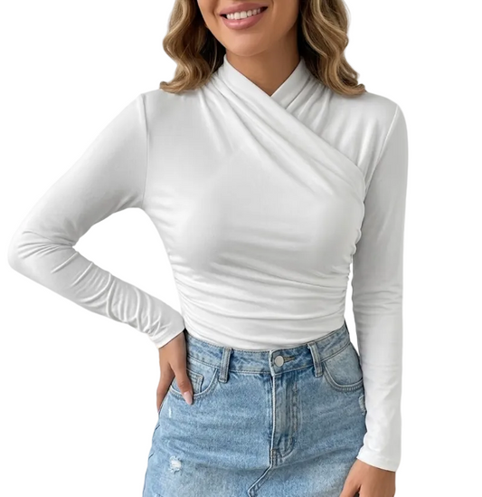 Trendy Pleated Crossing Collar Long Sleeve Slim-fit Woman's Shirt TOP-B1-BL-234