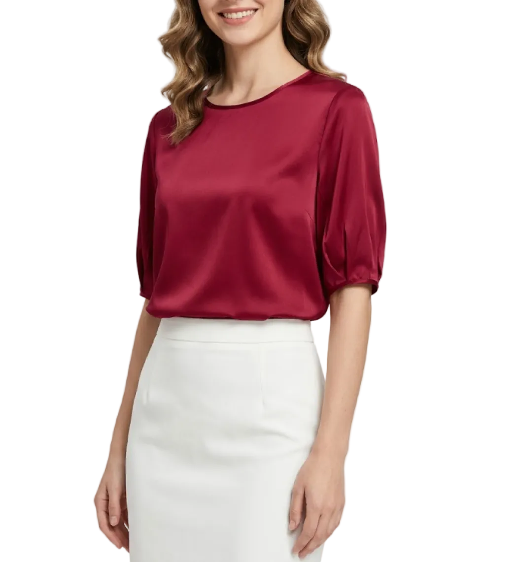 Trendy Round Neck Solid Color Luxurious Acetate Satin Versatile Women's Blouse- B6-TOP-B618