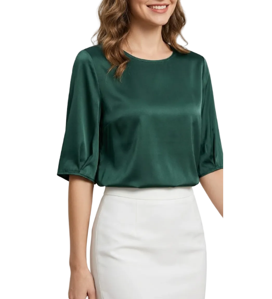 Trendy Round Neck Solid Color Luxurious Acetate Satin Versatile Women's Blouse- B6-TOP-B618