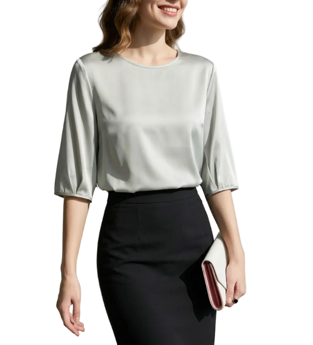Trendy Round Neck Solid Color Luxurious Acetate Satin Versatile Women's Blouse- B6-TOP-B618