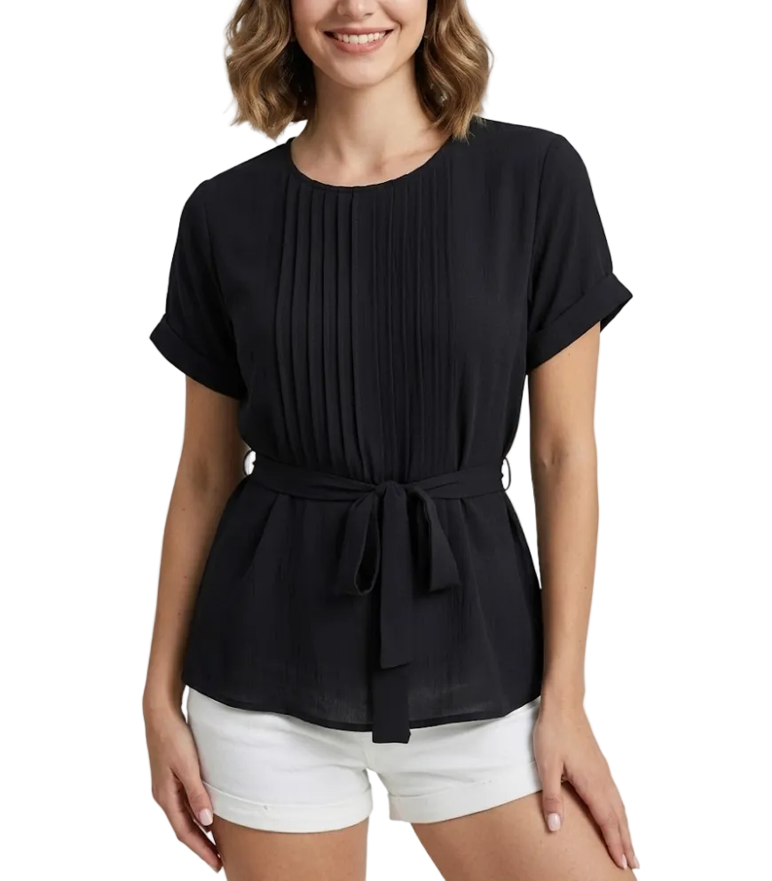 Trendy Short-sleeve Pleated Neck Front Waist Belt Blouse for Women-TOP-B1-BL-237