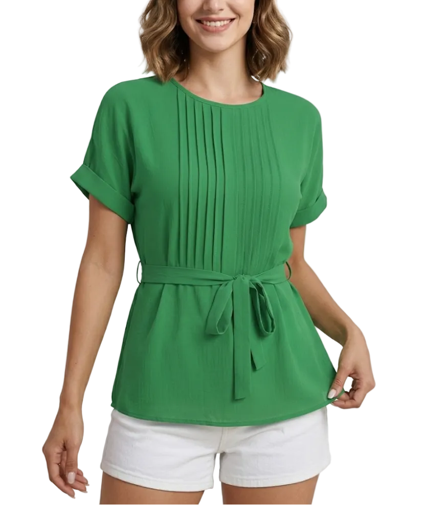 Trendy Short-sleeve Pleated Neck Front Waist Belt Blouse for Women-TOP-B1-BL-237