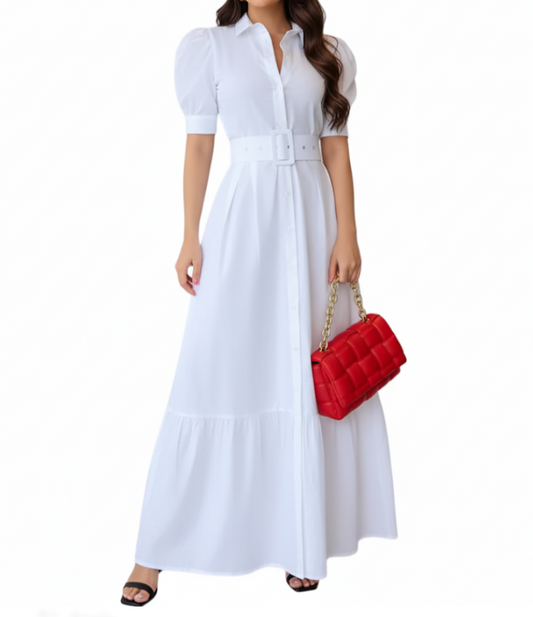 Trendy Short Sleeve Button Front with Waist Belt Long Summer DRESS-B115