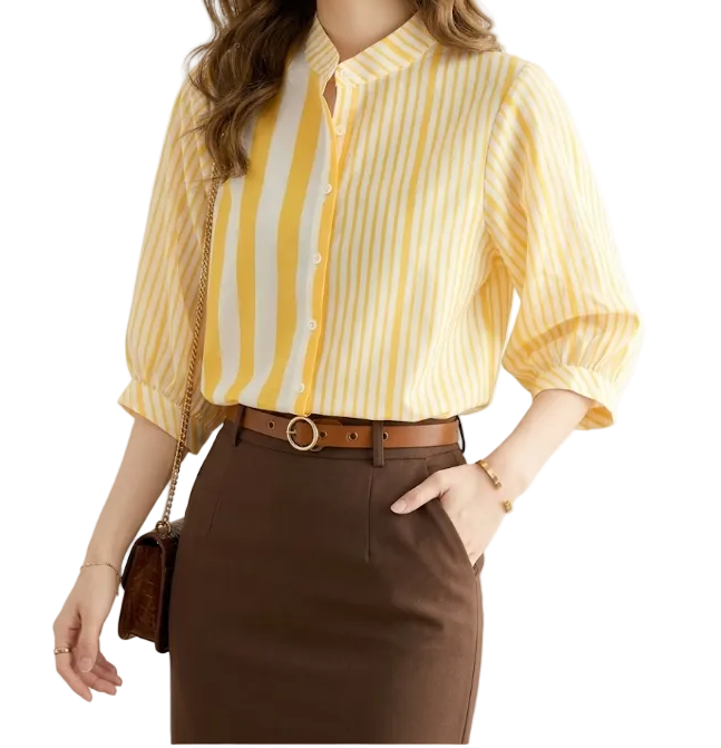 Trendy Striped Stand Up Collar Versatile Loose Fit Women's Shirts - B6-TOP-B678