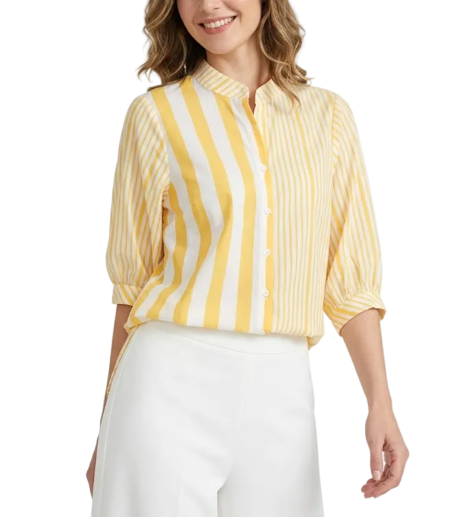 Trendy Striped Stand Up Collar Versatile Loose Fit Women's Shirts - B6-TOP-B678