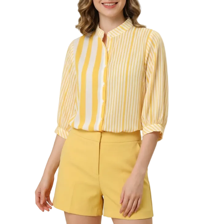 Trendy Striped Stand Up Collar Versatile Loose Fit Women's Shirts - B6-TOP-B678