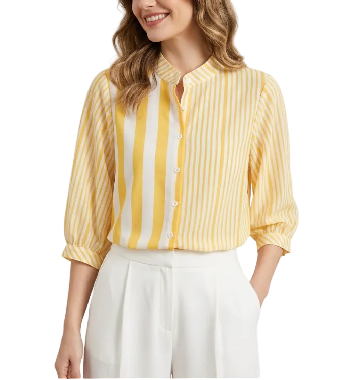 Trendy Striped Stand Up Collar Versatile Loose Fit Women's Shirts - B6-TOP-B678