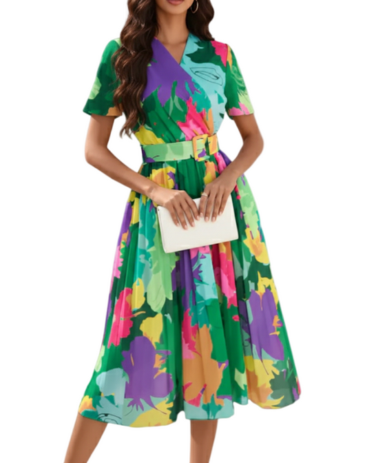Trendy Summer Short Sleeve with Waist Belt Floral DRESS-B48