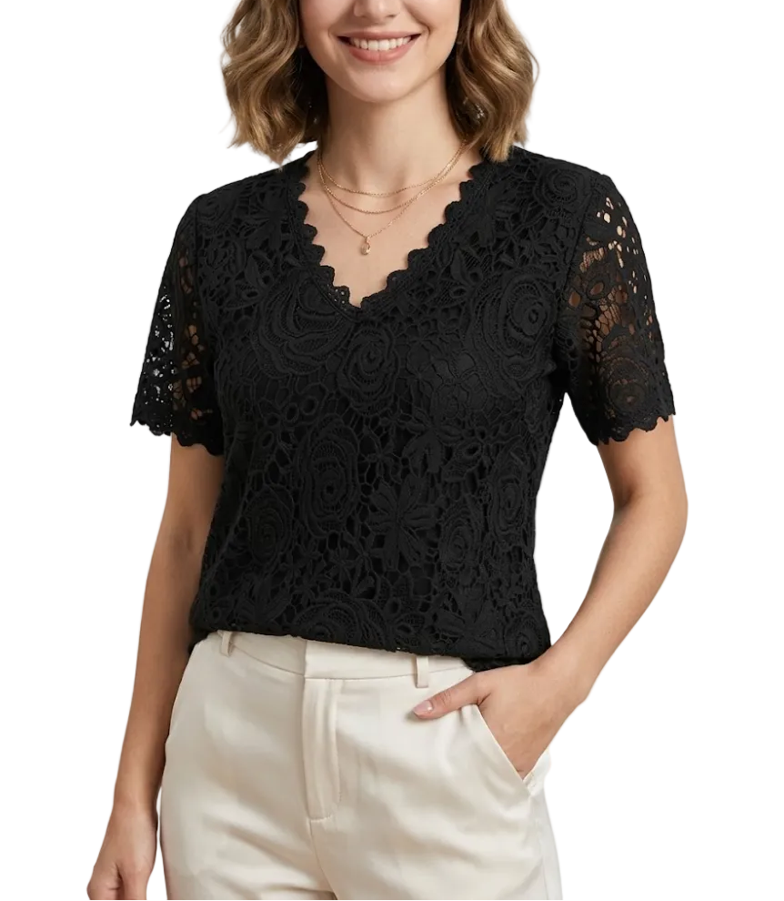 Trendy Women's Elegant Lace V-neck Top SHIRT-BL115