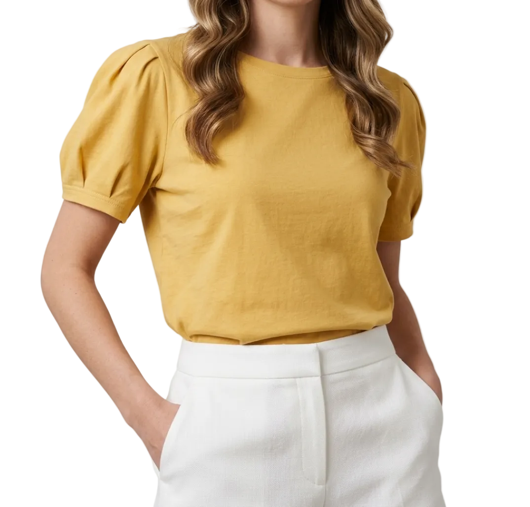 Trendy Women's O-neck Short- Puff Sleeve SHIRT-BL137