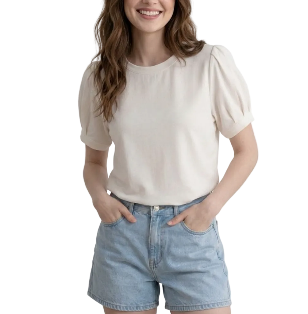 Trendy Women's O-neck Short- Puff Sleeve SHIRT-BL137
