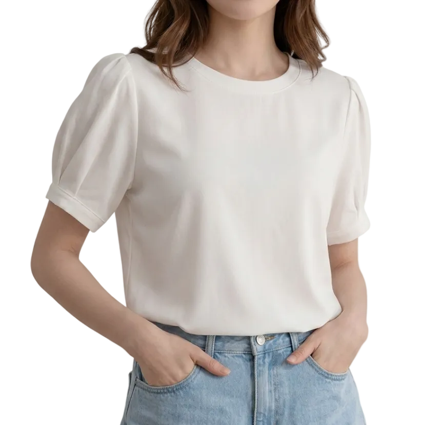 Trendy Women's O-neck Short- Puff Sleeve SHIRT-BL137