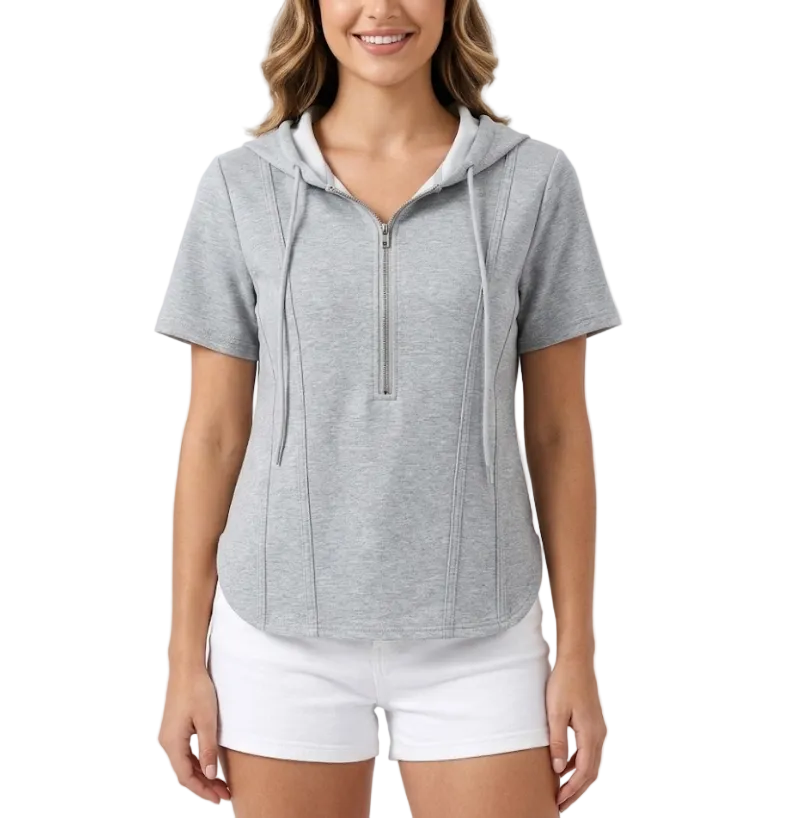 Trendy Zipped Hooded Short Sleeve Tops for Women- B6-TOP-B667