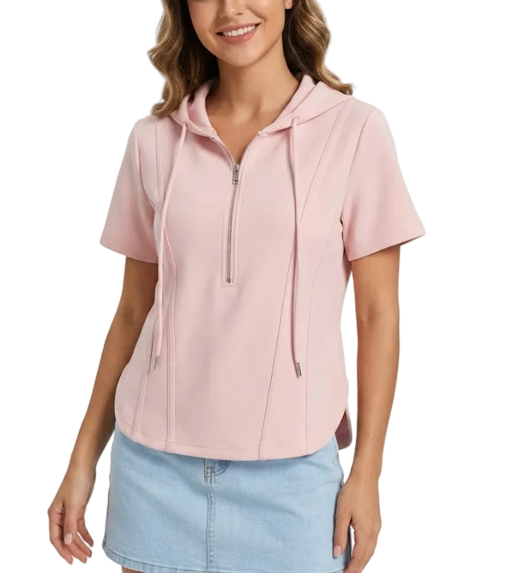 Trendy Zipped Hooded Short Sleeve Tops for Women- B6-TOP-B667