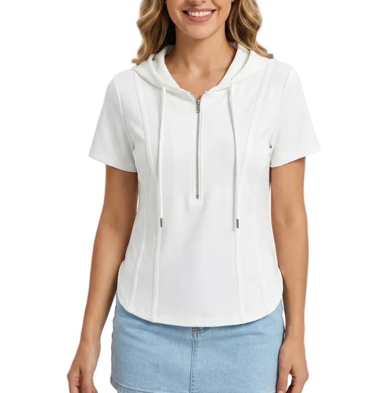 Trendy Zipped Hooded Short Sleeve Tops for Women- B6-TOP-B667