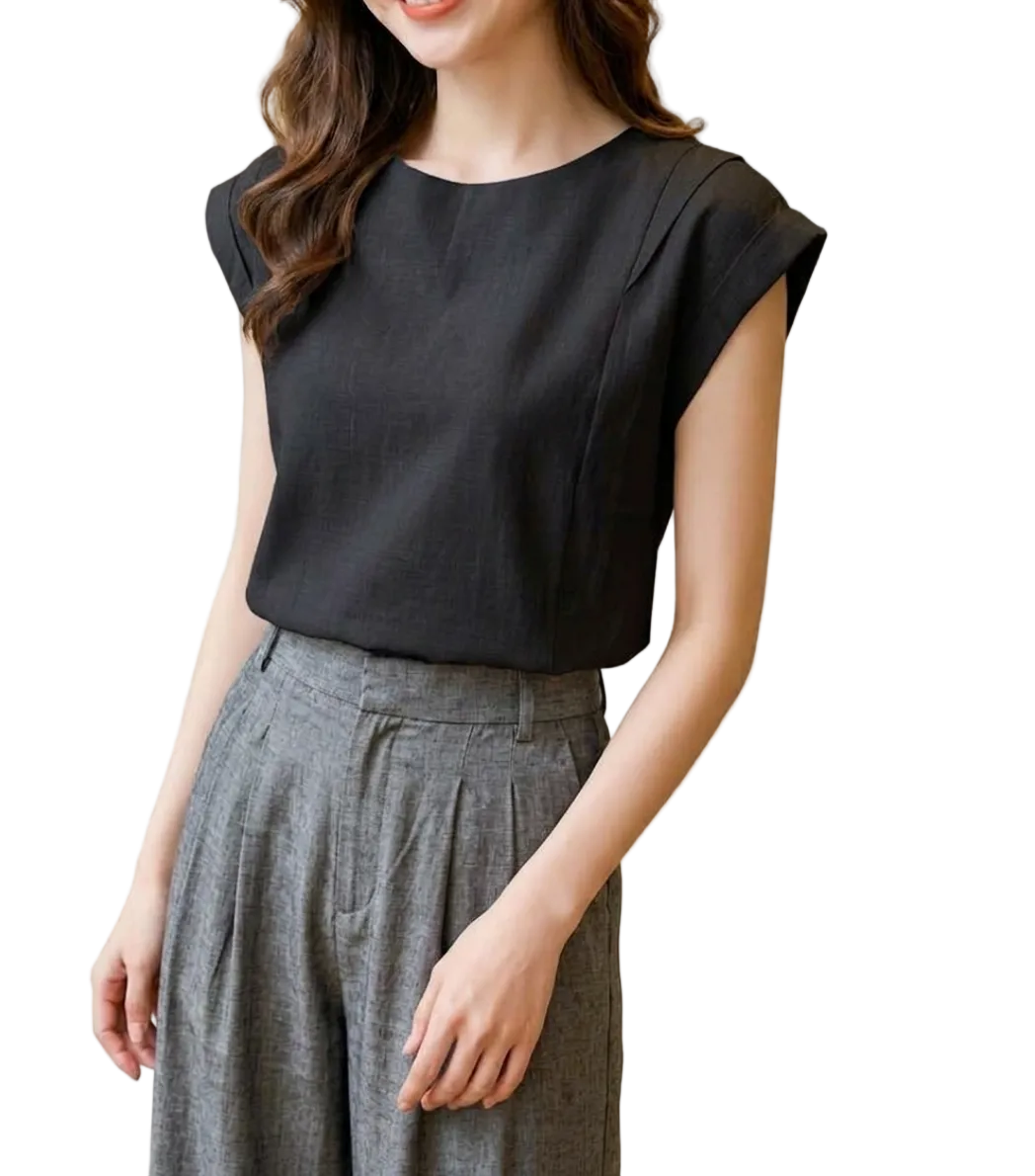 Trendy & Elegant Cap Sleeve O-Neck Linen Blouses for Women - B13-TOP-29A