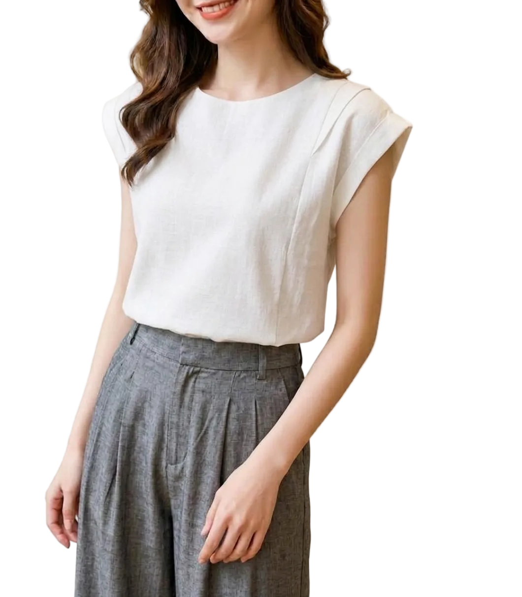 Trendy & Elegant Cap Sleeve O-Neck Linen Blouses for Women - B13-TOP-29A
