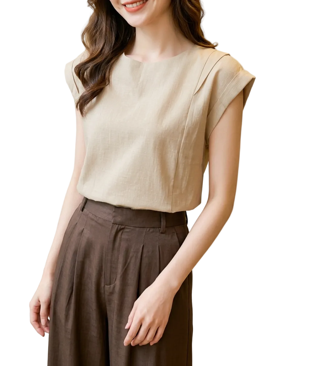 Trendy & Elegant Cap Sleeve O-Neck Linen Blouses for Women - B13-TOP-29A