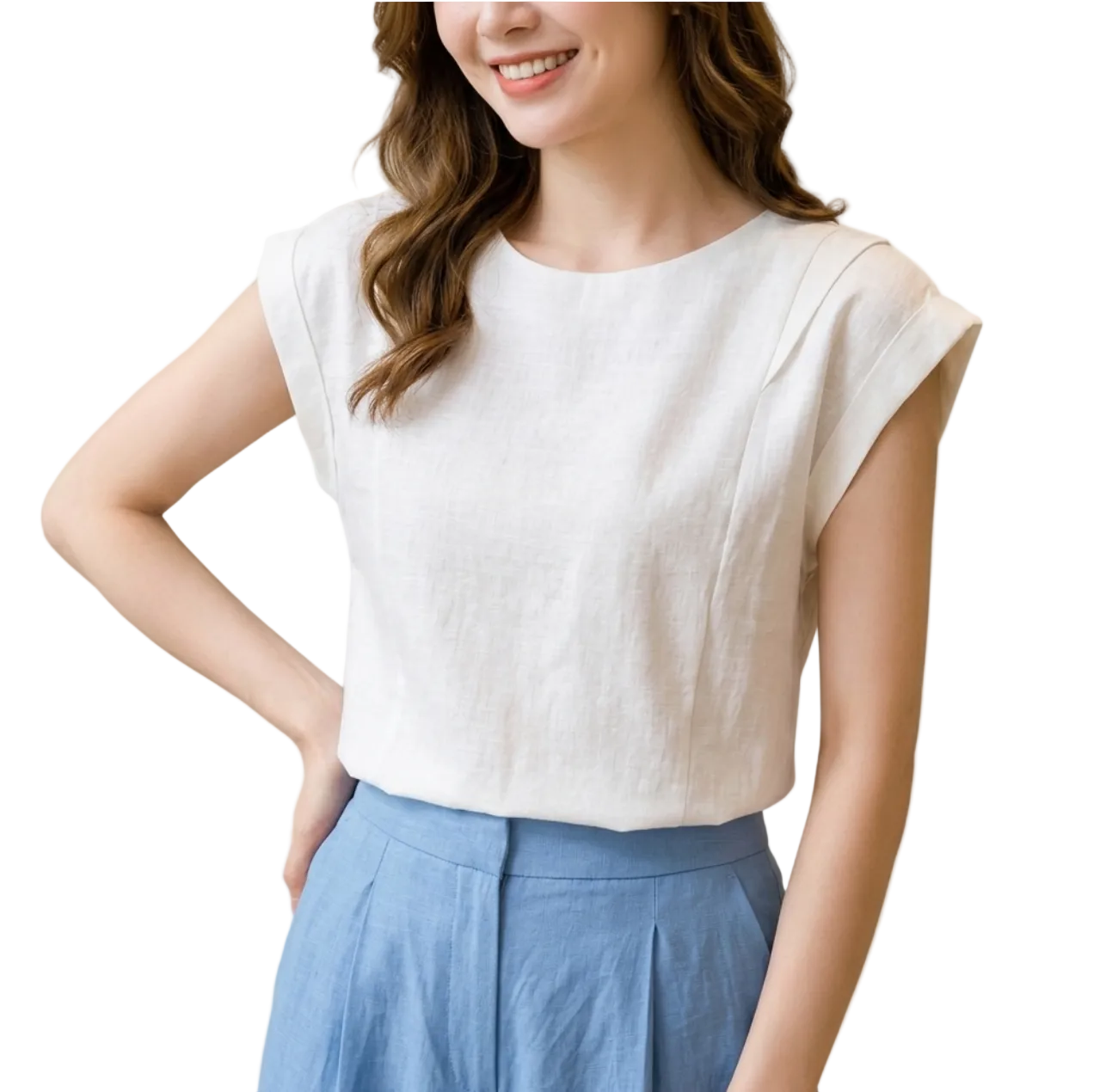 Trendy & Elegant Cap Sleeve O-Neck Linen Blouses for Women - B13-TOP-29A