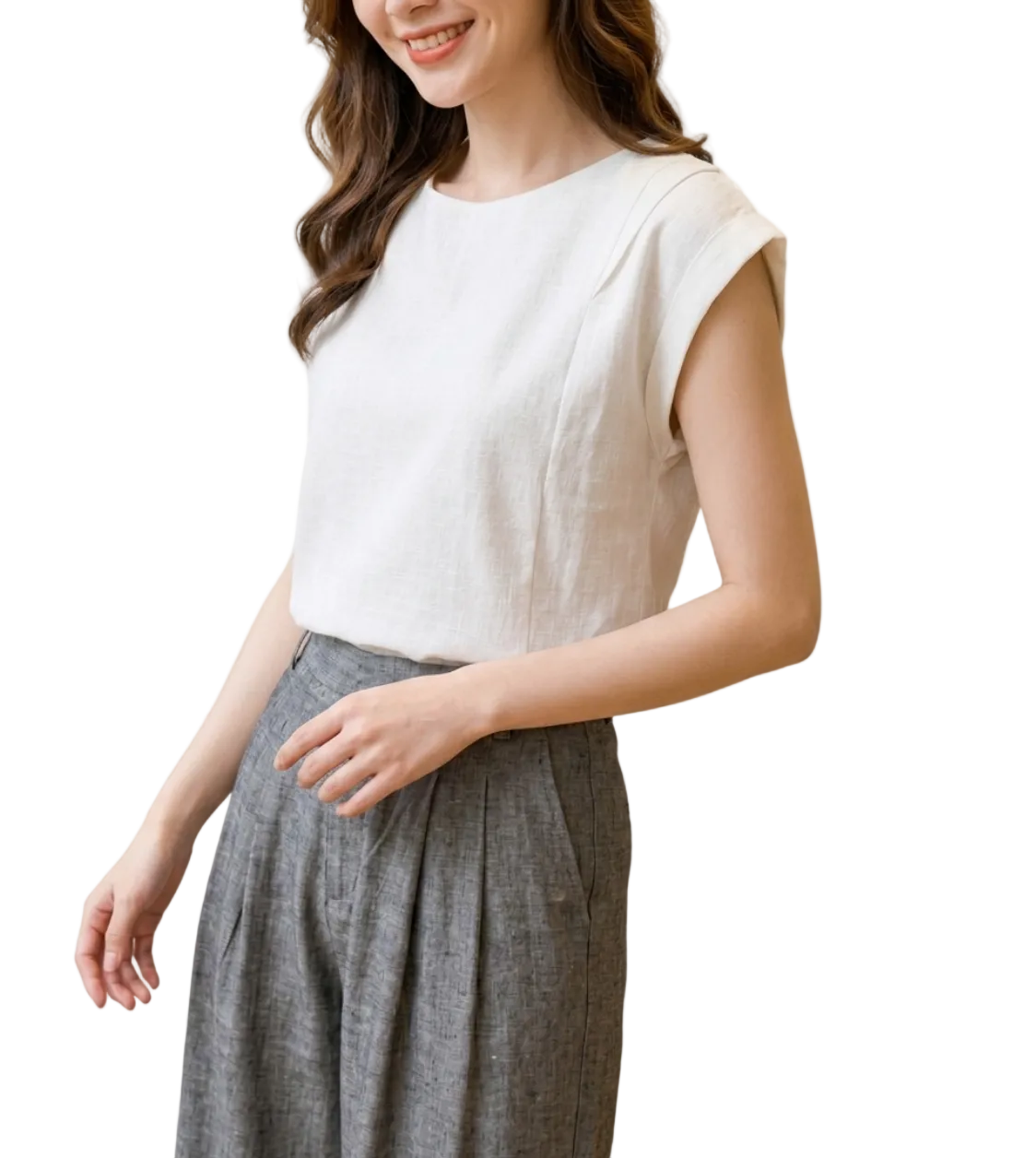 Trendy & Elegant Cap Sleeve O-Neck Linen Blouses for Women - B13-TOP-29A