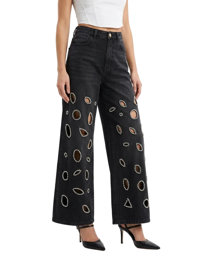 Trendy & Elegant Embroidered High Waist Wide Leg  Jeans for Women - B6-JP-674