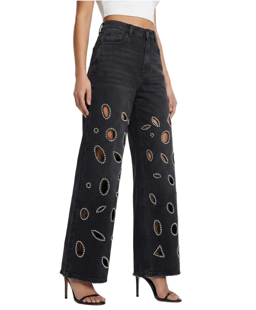 Trendy & Elegant Embroidered High Waist Wide Leg  Jeans for Women - B6-JP-674