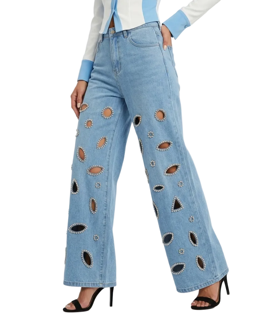 Trendy & Elegant Embroidered High Waist Wide Leg  Jeans for Women - B6-JP-674