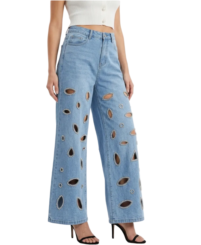 Trendy & Elegant Embroidered High Waist Wide Leg  Jeans for Women - B6-JP-674