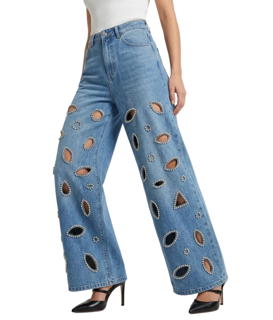 Trendy & Elegant Embroidered High Waist Wide Leg  Jeans for Women - B6-JP-674