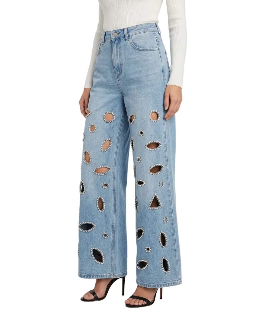 Trendy & Elegant Embroidered High Waist Wide Leg  Jeans for Women - B6-JP-674