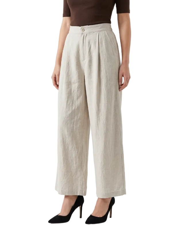 Trendy & Elegant High Waisted Cotton Linen Wide Leg Women's Pants - B6-JP-685