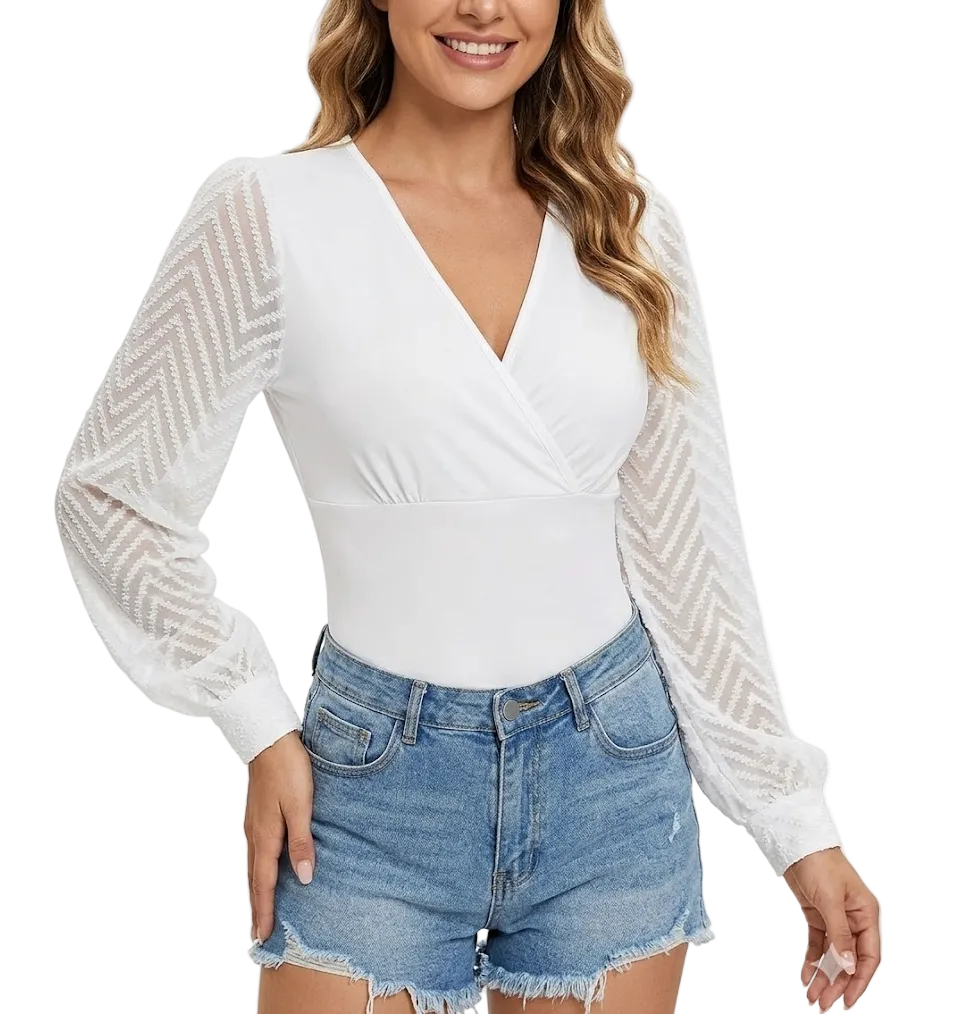 Trendy & Elegant Long Lace Sleeves V-neck Slim Waist Blouses for Women - B6-TOP-B771