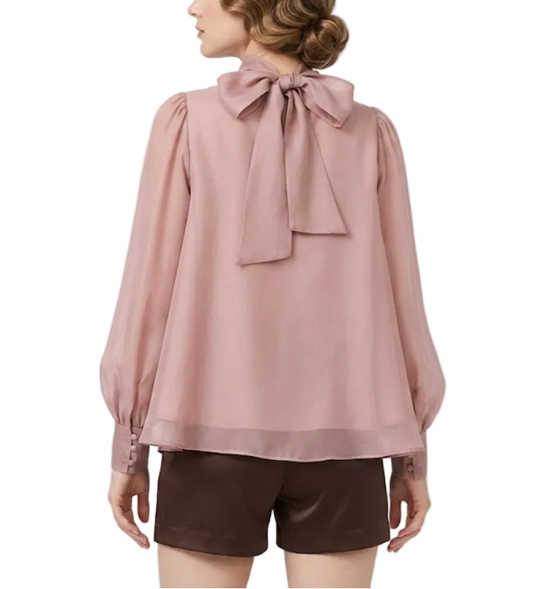 Trendy & Elegant Long Sleeve A-line Loose-Fit Back Bow Neck Blouses for Women - B13-TOP-323