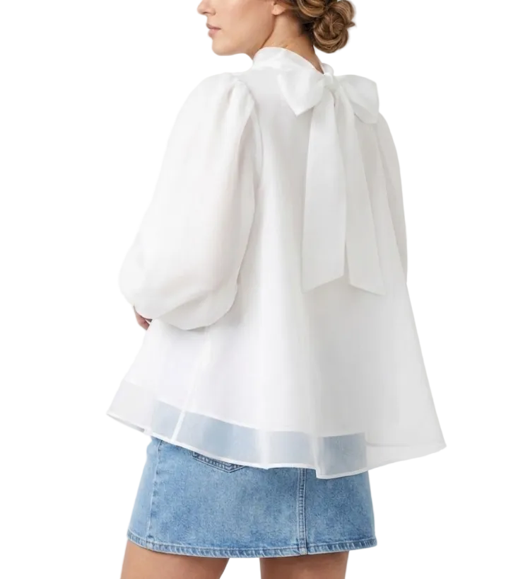 Trendy & Elegant Long Sleeve A-line Loose-Fit Back Bow Neck Blouses for Women - B13-TOP-323