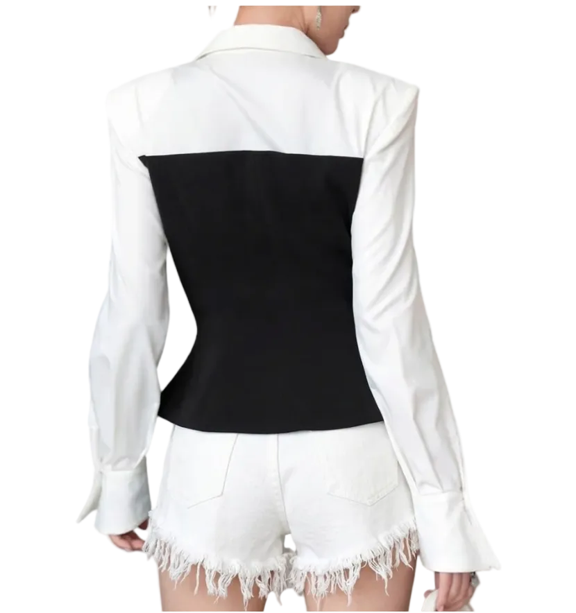 Trendy & Elegant Long Sleeve Lapel V-Neck Black & White Contrast Peplum Blazer - B4-BLZ-05