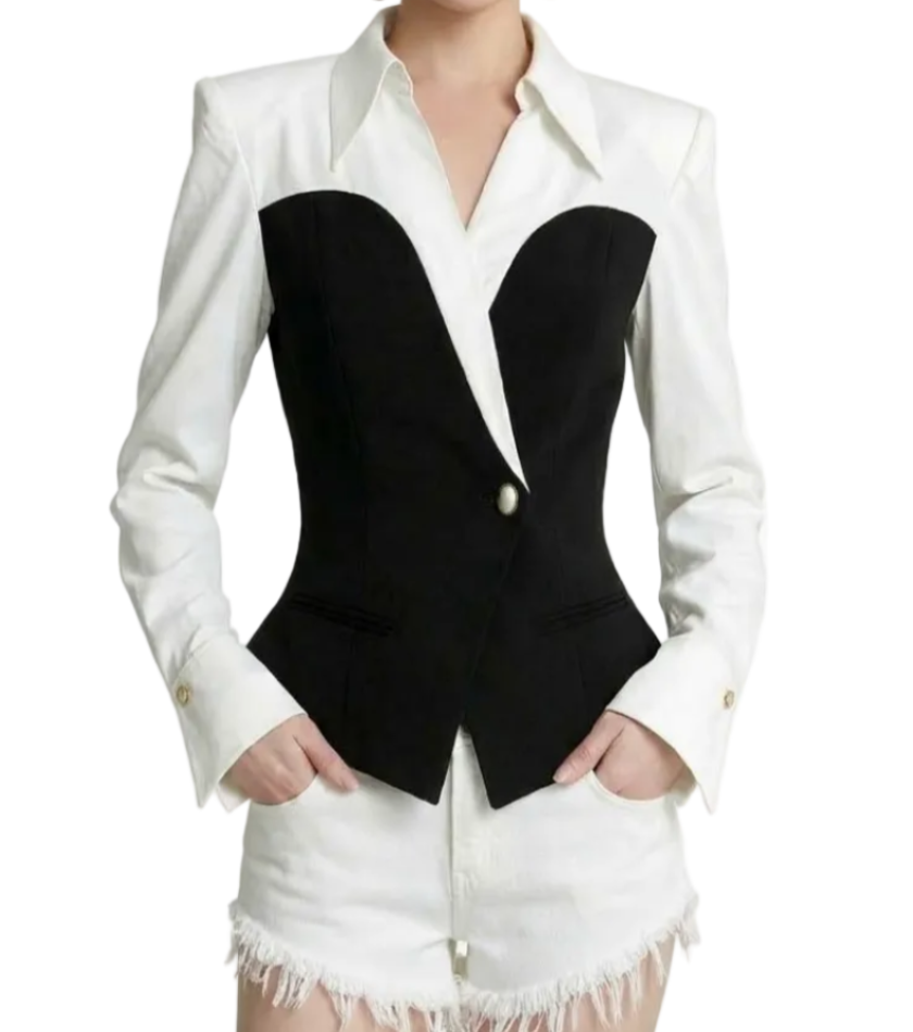 Trendy & Elegant Long Sleeve Lapel V-Neck Black & White Contrast Peplum Blazer - B4-BLZ-05