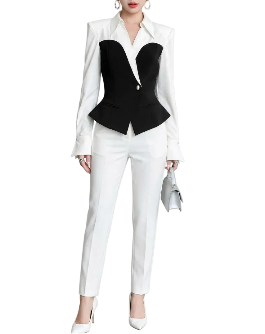 Trendy & Elegant Long Sleeve Lapel V-Neck Black & White Contrast Peplum Blazer - B4-BLZ-05
