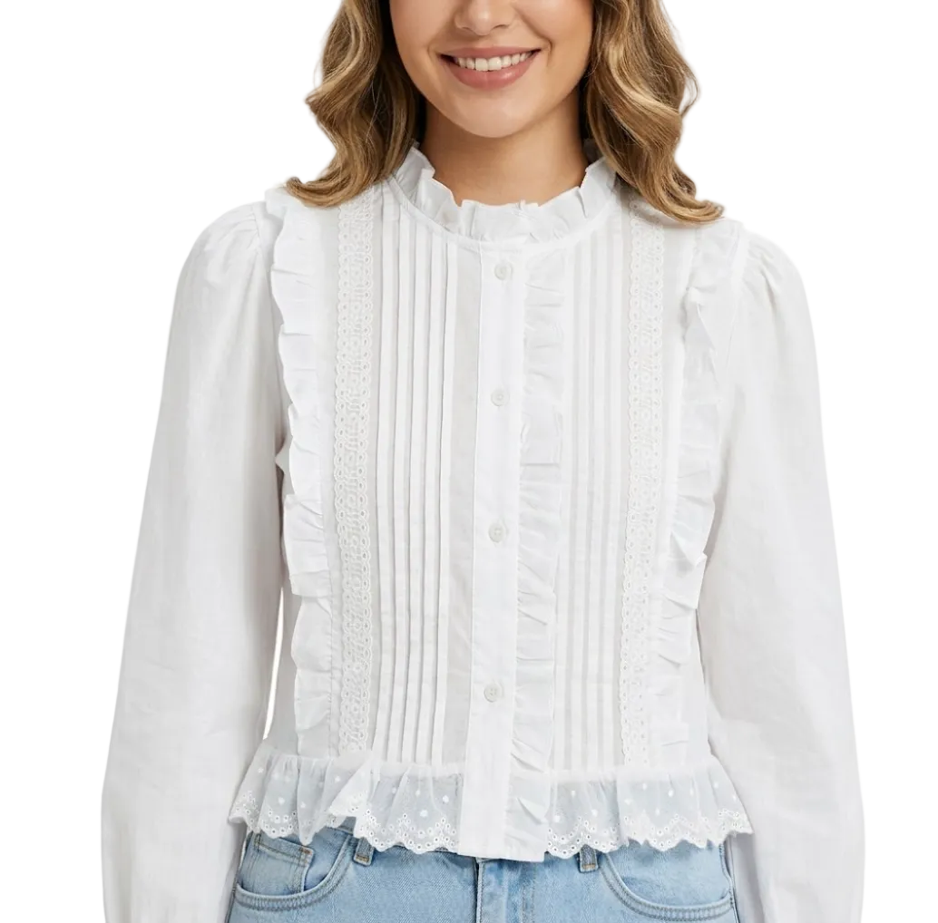 Trendy & Elegant Long Sleeve Ruffled Neck & Cuff Blouses  -B6-TOP-B732