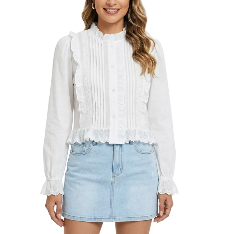 Trendy & Elegant Long Sleeve Ruffled Neck & Cuff Blouses  -B6-TOP-B732