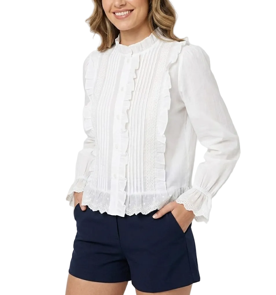 Trendy & Elegant Long Sleeve Ruffled Neck & Cuff Blouses  -B6-TOP-B732