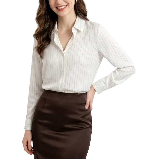 Timeless & Elegant Turn Down Collar Long Sleeve Stripped Satin Shirts for Women  - B13-TOP-99